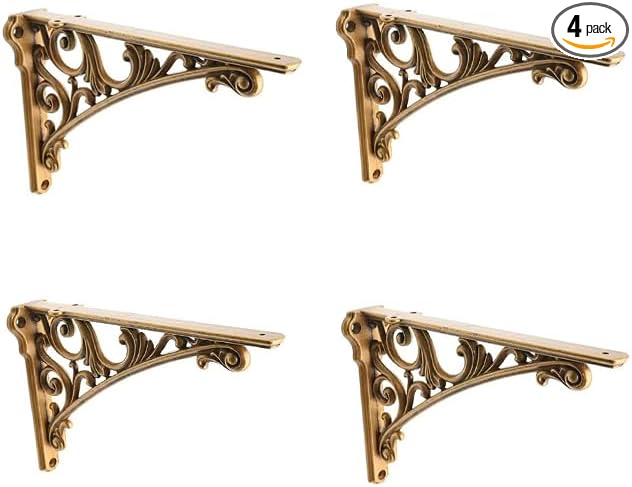 Decorative Shelf Bracket 12 inch Antique Brass Brackets for Shelving Solid Heavy Duty Vintage DIY Projects Hardware Included 4 Pack Heavy-Duty Shelf-Brackets