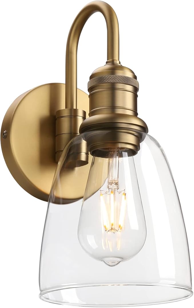 1-Light Vintage U-Shaped Wall Sconce Lamp with Cloche Clear Glass Shade, Industrial Indoor Wall Light Fixture for Bathroom Living Room Bedroom Over Kitchen Sink