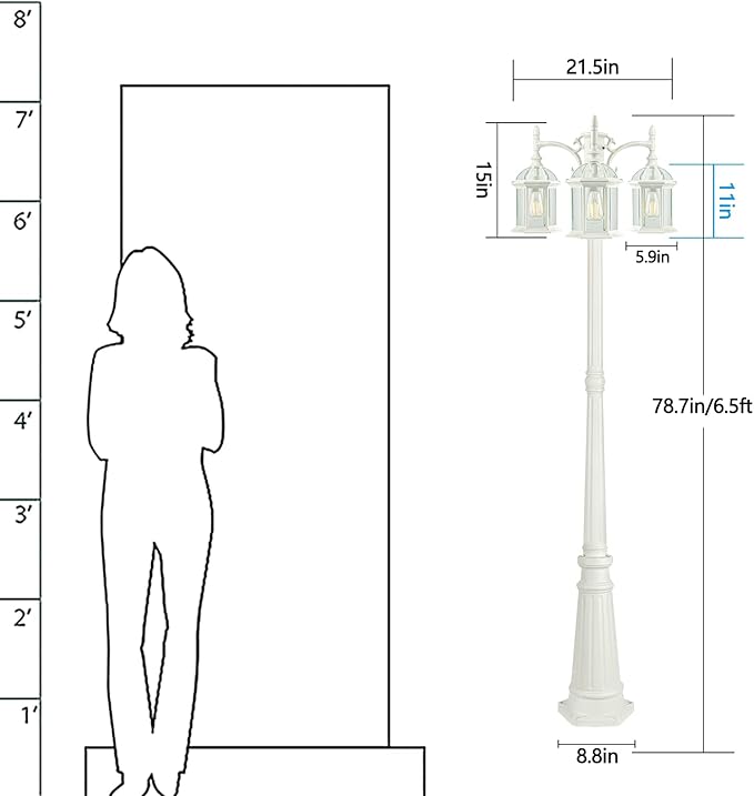 Dusk to Dawn Outdoor Lamp Post Light Birdcage, 3 Head Waterproof Outside White Street Light Pole with Clear Glass Shade for Yard Garden Patio Path Driveway