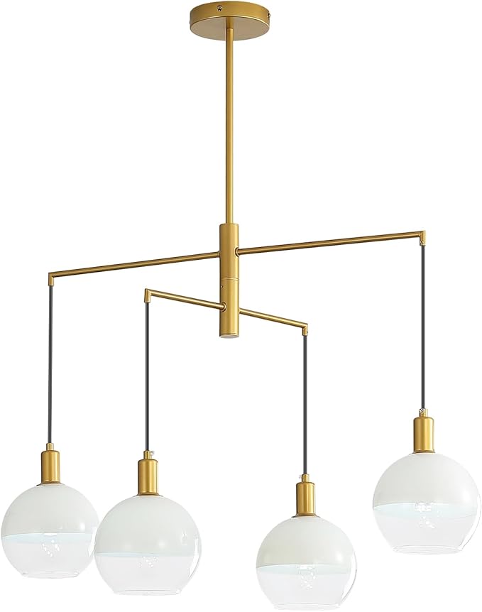 Gold Glass Chandelier Mid-Century Milk White Glass Globe Pendant Light Modern Vintage Large Sputnik Chandelier 4-Light Hanging Light Fixture for Dining Room Foyer Living Room staircase, 30" Wide