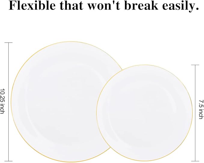 KIRE 100PCS Disposable Plates - White with Gold Rim for Christmas Party/Wedding - Includes 50Pieces 10.25inch Dinner and 50Pieces 7.5inch Dessert/Salad Plates