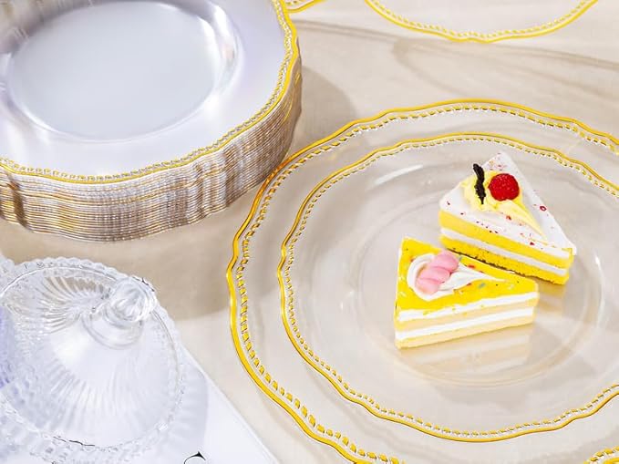 Hioasis 60pcs Clear Plastic Plates - Clear and Gold Disposable Dinnerware with Gold Rim, Heavy-duty, 7.5 inch, Dessert Plates for Party & Wedding