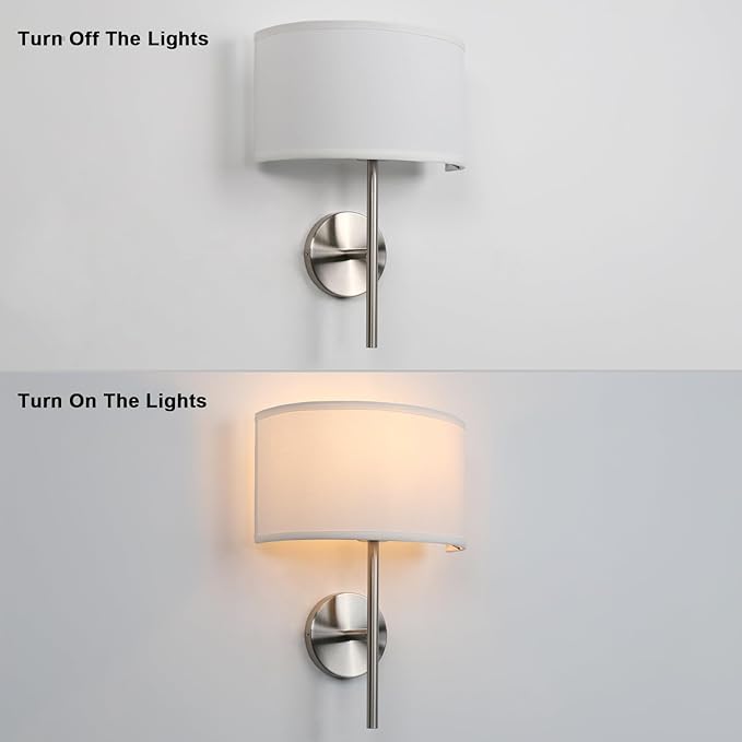 Yosoan Fabric Wall Sconce Indoor Bedside Wall Lamp Fixture, Vintage Industrial Hardwired Boho Semi Circular with White Half Moon Shade for Reading Bedroom Living Room Dinning Room(Brushed)