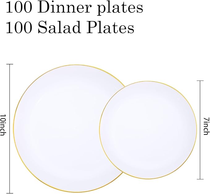 KIRE 200PCS Gold Plastic Plates - Disposable Plates for Party - White Plastic Plates with Gold Rim Include 100 for Dinner and 100 for Dessert/Salad in Wedding/Christmas