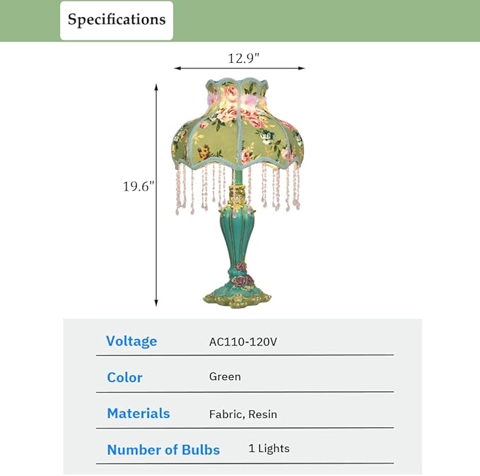 Lovely Table Lamp with Fabric Lampshade, Antique Flower Decorative Bedside Desk Lamp, Handmade Night Light for Bedroom Nightstand (Green)