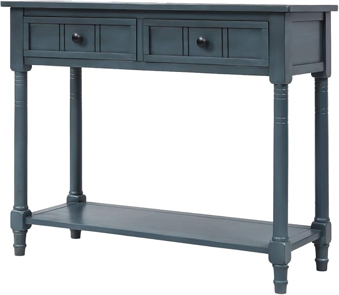 Knocbel 35.5 Inch Antique Entry Console Table with Drawers & Bottom Open Shelf, Solid Wood Sofa Couch Table for Entryway Hallway Living Room (Navy)