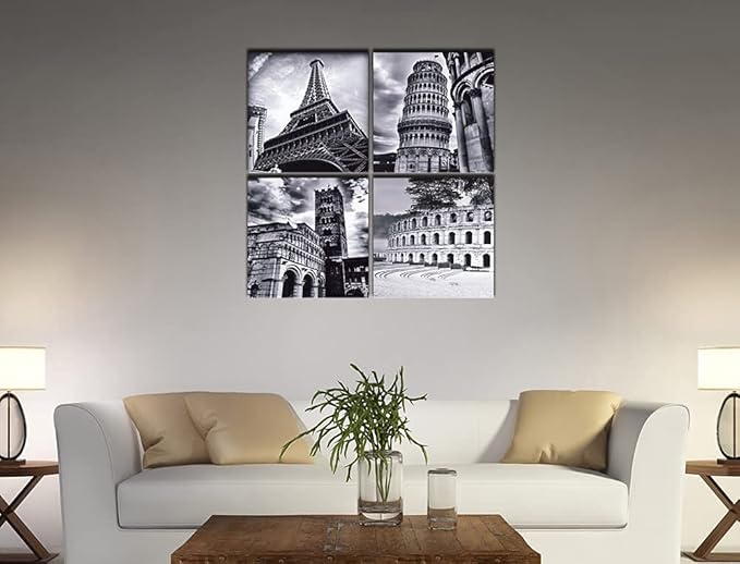 Wieco Art 4 Panels Large Canvas Prints Wall Art Europe Architectures Pictures Paintings for Living Room Kitchen Home Decor Modern Stretched and Framed Giclee Famous Buildings B & W Landscape
