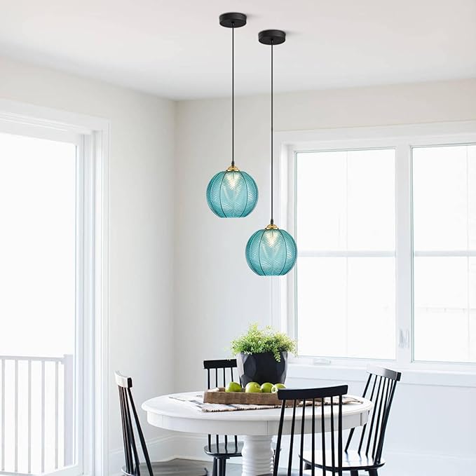 KCO Lighting Nordic Blue Glass Pendant Light Vintage Ribbed Glass Pendant Light Modern Large Globe Chandelier Mid Century Black Kitchen Island Pendant Lighting Over Island 2 Pack