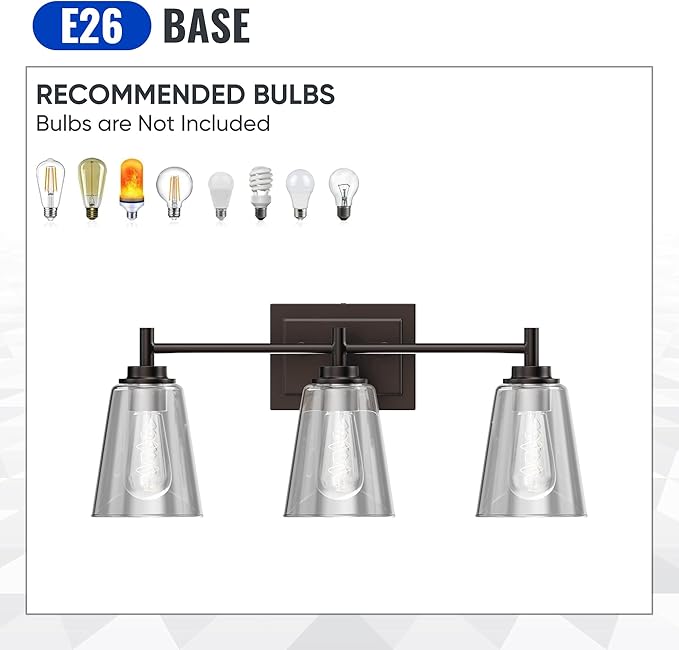 LEDMyplace 3-Lights Bathroom Vanity Light Over Mirror, Modern Wall Lights for Living Room, Bedroom, Bedroom Clear Glass Shade Oil Rubbed Bronze Finish Indoor E26 Base Decorative Wall Lamp