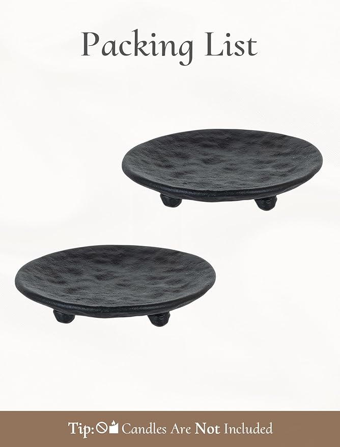 Cast Iron Pillar Candle Holder: 4.6 in Black Pillar Candle Plate Pedestal Stand Vintage Decorative Tray for 3 Wick Jar Candles Tealight Votive for Table Home Halloween Set of 2