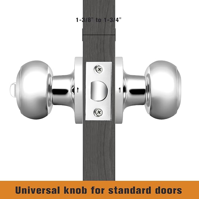 Probrico Polished Chrome Door Knobs, Interior Door Knobs with Round Ball Knob, Nickel Privacy Door Knob for Bedroom Bathroom, 4 Pack