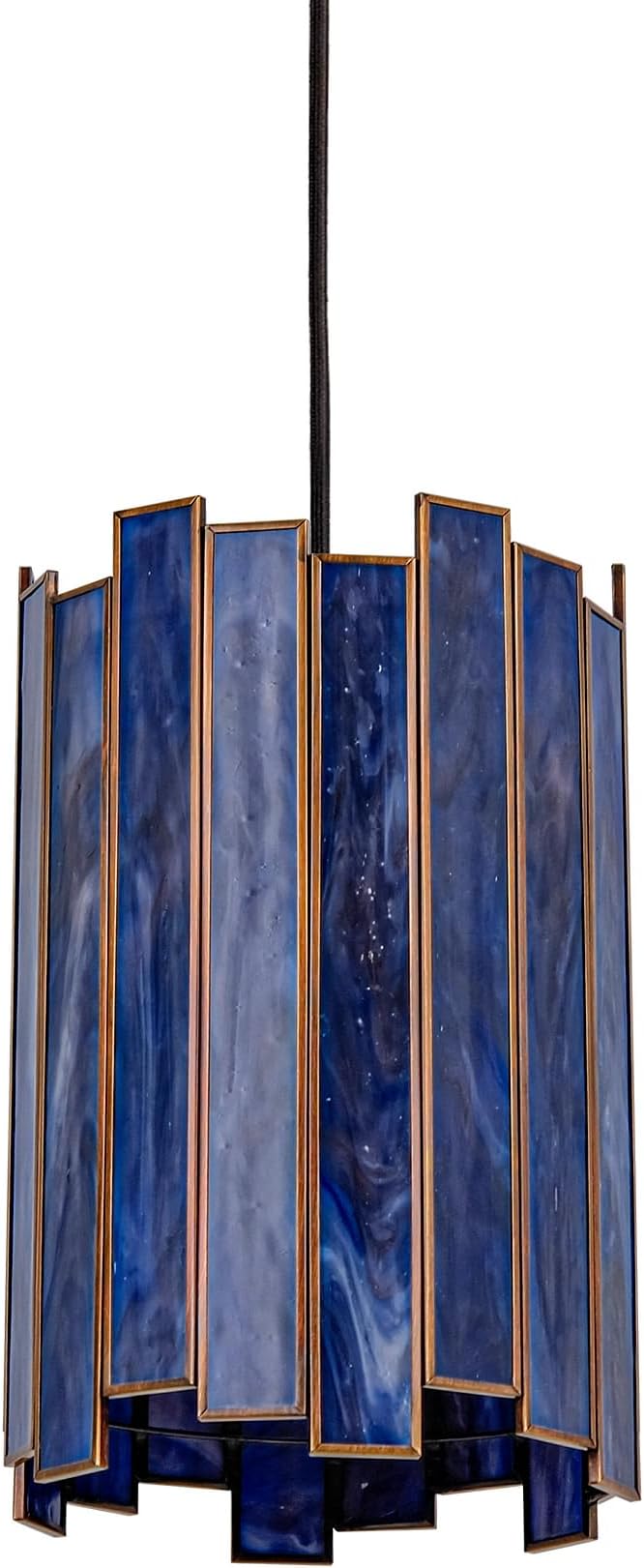 Tiffany Pendant Lighting, 7" Brass Cylindrical Hanging Lamp with Stained Glass for Foyer, Entryway, Bedroom, Dining Room, Stairwell (Deep Blue)