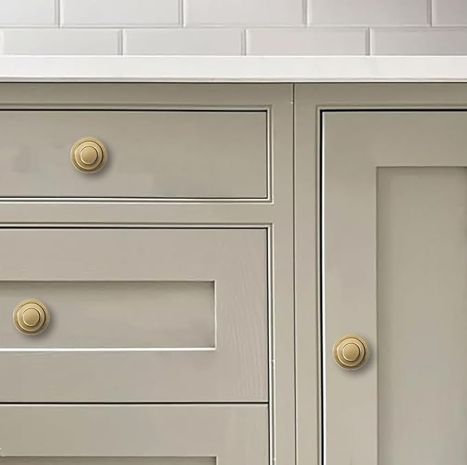 khtumeware 5 Pack 1-1/4 Inch(32mm) Brushed Brass Round Cabinet Knobs Heavy Duty Soild Warm Brass Cabinet Knobs Kitchen Brushed Gold Cabinet Hardware for Cupboard Drawer Handles