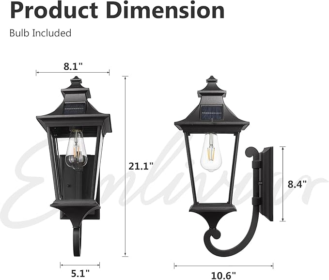 Emliviar Solar Exterior Front Porch Light with Remote Control, 3 Lighting Modes Waterproof Solar Wall Lantern, Auto On/Off Black Outside Light with Clear Glass, 500181-SL BK