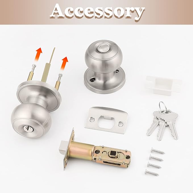 Probrico 2 Pack Satin Nickel Round Entry Door Knobs Keyed Alike, Exterior/Interior Door Handles Bedroom Bathroom/Front/Offic Doors, Door Lock with Locks and 3 Combo Keys Lock Security