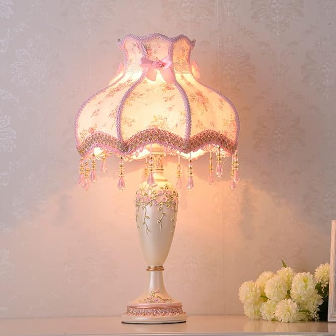 Lovely Table Lamp with Fabric Lampshade, Antique Flower Decorative Bedside Desk Lamp, Handmade Night Light for Bedroom Nightstand