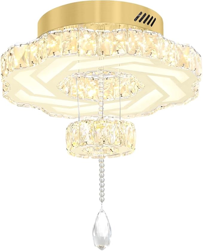 Flashing God 16 Inch Mini Chandelier Modern Crystal Chandeliers Light Semi Flush Mount Ceiling Light Fixture Small Gold Chandelier for Bedroom Hallway Kitchen Foyer