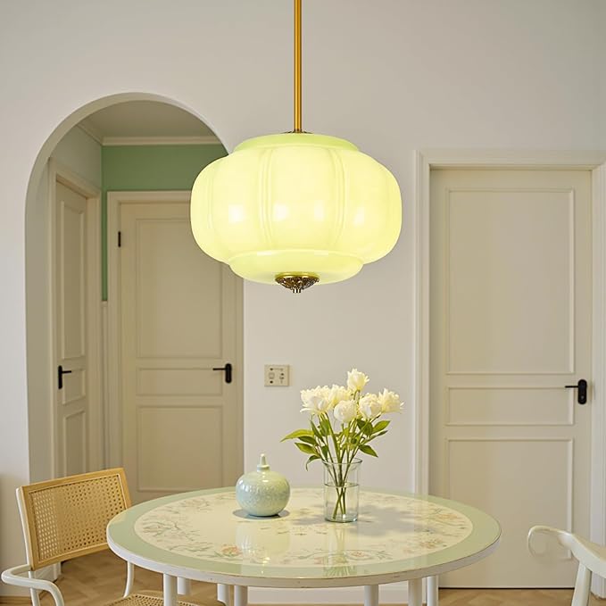 Milk Glass Pendant Light Semi Flush Mount Ceiling Light Antique Brass15 Inch Vintage Chandelier for Kitchen, Dining, Bedroom Green
