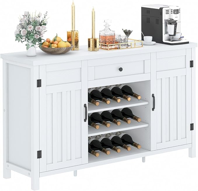 FATORRI Modern Sideboard Buffet Cabinet with Storage, Coffee Bar Cabinet for Home Liquor, Wine Cabinets with Doors & Drawer, Kitchen Storage Cupboard with Wine Rack (White Oak)