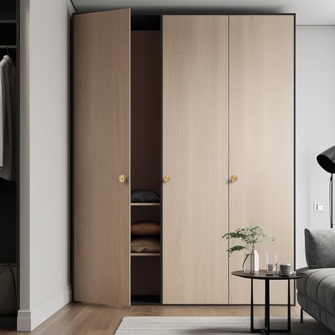 1-1/4 Inch Brushed Gold Knobs for Bathroom Cabinet,5 Pack Solid Brass Cabinet Drawer Knobs,Round Dresser Cupboard Wardrobe Vanity Closet Pulls