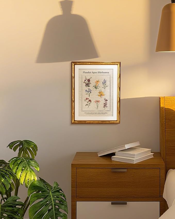 Vintage Botanical Wall Art Antique Style Plant Illustration 11x14, Gold Bamboo-Textured Framed Canvas Floral Print Acrylic Cover, Classic Natural History Artwork Room Bedroom Study Home Decor