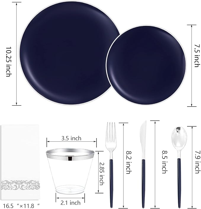 KIRE 175Pcs Blue Plastic Plates with Silver Rim & Disposable Silverware with Blue Handle & Silver-rim Cups & Hand Napkin & Plastic Dinnerware for Hanukkah/Parties/Wedding