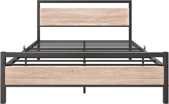 BOFENG Full Size Bed Frame with Wood headboard,Rustic Metal Platform Bed Frames Full,Industrial Bed Frame with Storage No Box Spring Needed,Mattress Platform with Steel Slat Support,Oak Color