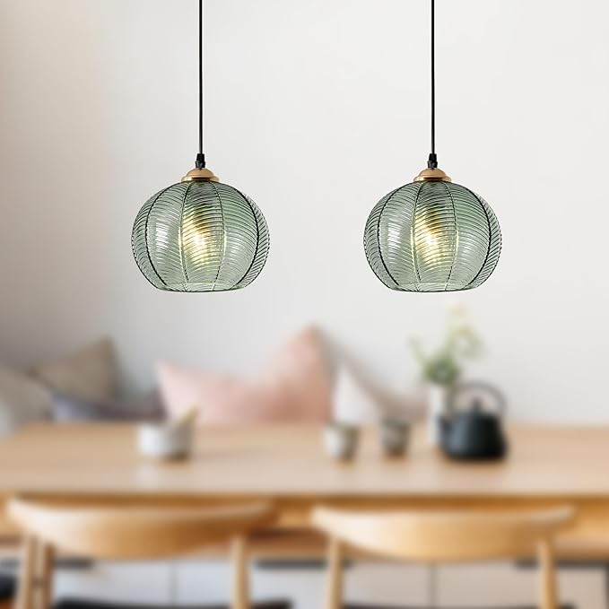 Green Pendant Light 7.8" Glass Globe Pendant Lighting Vintage Pendant Light Kitchen Island Lights Ceiling Hanging Ribbed Glass Chandelier Light Fixture for Dining Room Living Room Bedroom