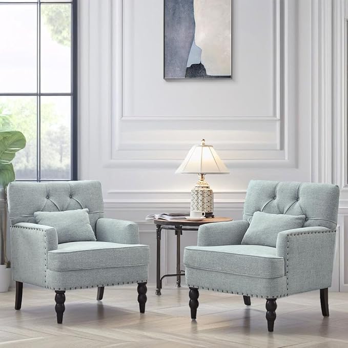 HUIMO Accent Chairs Set of 2, Living Room Chairs, Tufted Club Chair, Upholstered Armchair with Button, Fabric Sofa Chairs for Bedroom, Living Room, Mid Century Modern Reading Chairs(2,Light Blue)