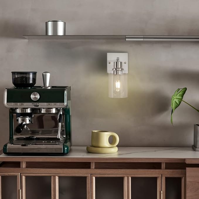 1-Light Bathroom Light Fixtures, Brushed Nickel Vanity Light with Clear Glass Shade, Modern Wall Sconce for Mirror Bedroom Hallway Farmhouse Kitchen