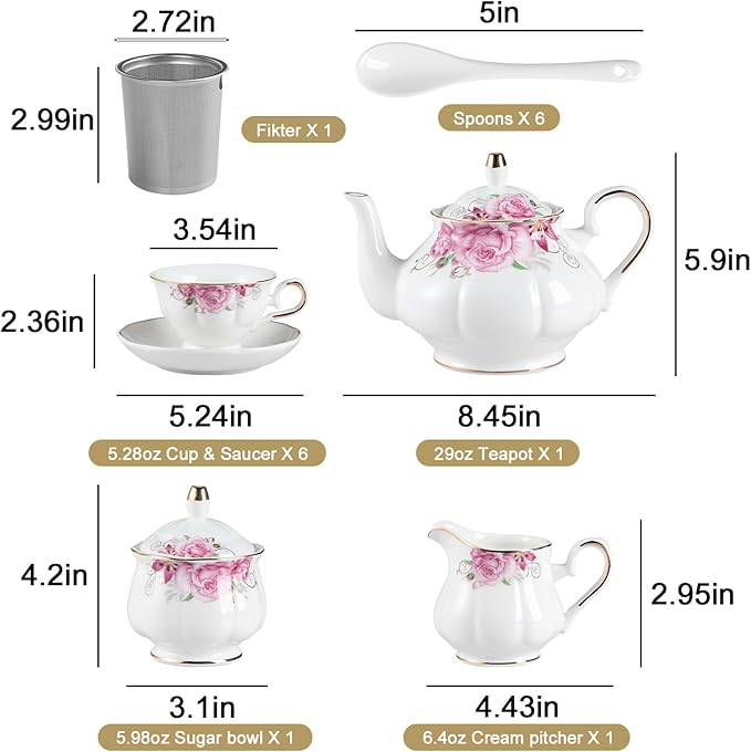 Sweejar Porcelain Tea Sets, Vintage British Floral Relief Gold Rimmed Teapot Cup and Saucer Set, Tea Set Service for 6, with Teapot, Sugar Bowl, Milk Jug, Spoons, Tea Cup and Saucer (Rose Flower)