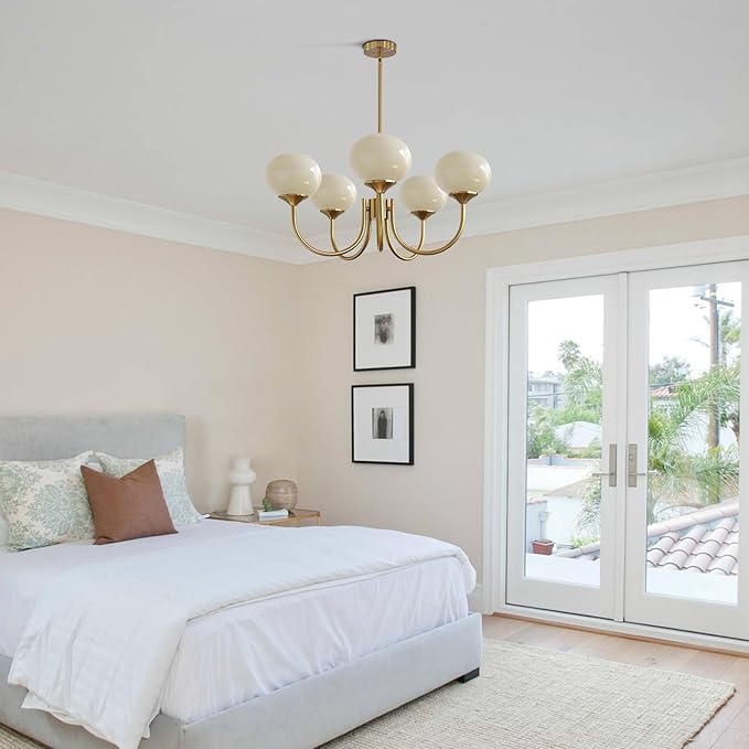 5 Light Mid Century Modern Chandelier Vintage Glass Globe Chandelier Brass Gold Ceiling Pendant Light Retro Chandeliers for Dining Room Kitchen