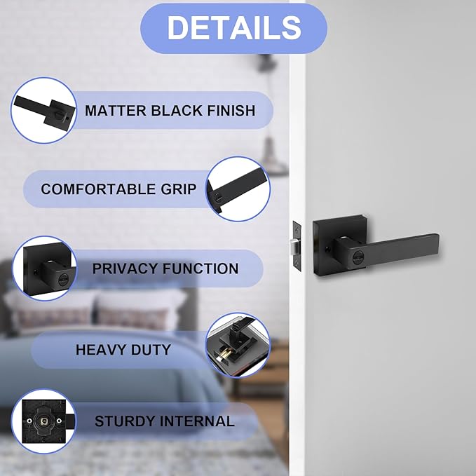 Privacy Interior Door Lever, Heavy Duty Matte Black Door Handles Square Door Knobs for Bedroom & Bathroom Keyless Door Lock Handles for Right & Left Sided Doors (1 Pack)