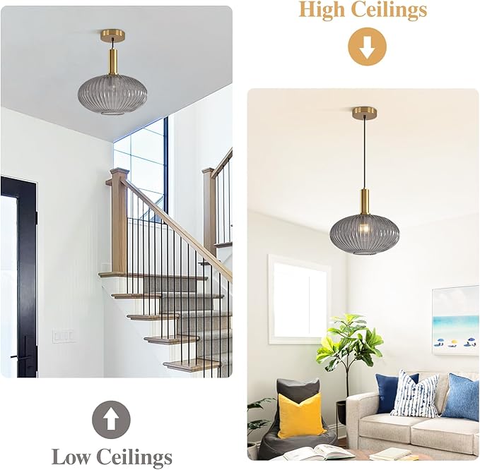 KCO Lighting Mid Century Modern Gold Glass Pendant Lighting Smoke Grey Globe Pendant Lights Kitchen Island Industrial Brass Gold Hanging Ceiling Light Fixture for Dining Room