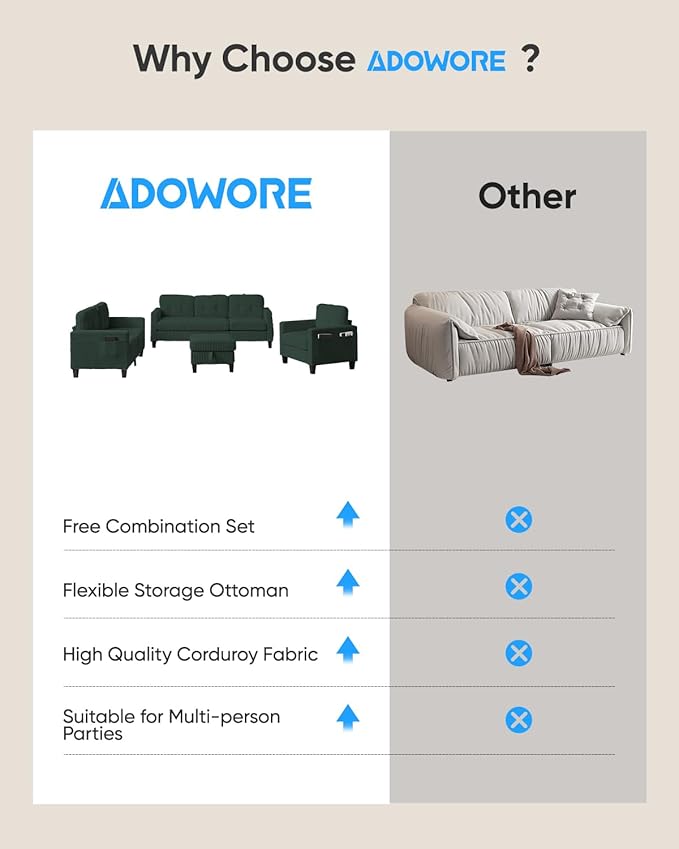 3 Pieces Sofa Sets Furniture, Corduroy Fabric 3 Seater Sofa with Ottoman and Loveseat and Armchair Sets, Modern L Shaped Couch + Love Seat + Accent Chair Sets for Living Room,Green