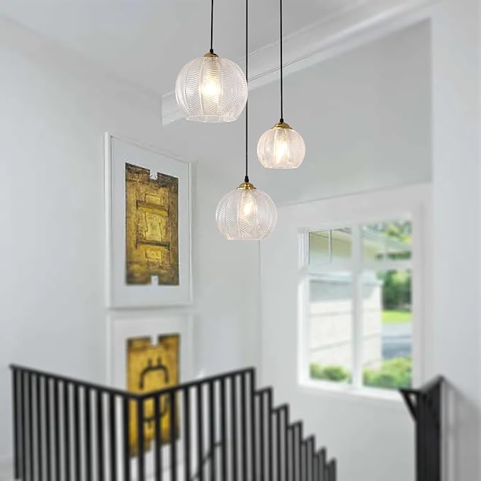3-Light Clear Glass Pendant Light, Globe Shade Hanging Chandelier, Hand Blown Glass Ball Pendant Light Fixtures for Kitchen Island, Staircase, Dining Room, Living Room, Bedroom
