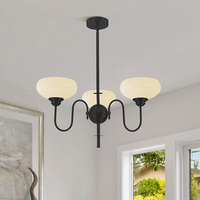 BOKT 3 Light French Chandeliers for Dining Room, Black Farmhouse Chandelier for Bedroom, Small Chandelier with Milk White Bowl Glass Shades