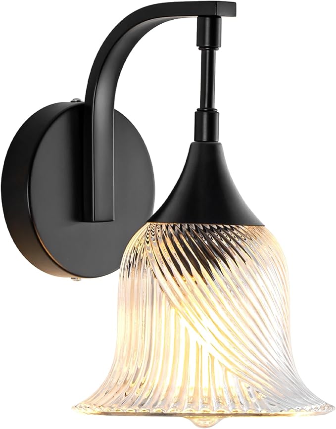 1-Light Black Wall Light,Bathroom Wall Sconce Modern Sconce Light Indoor with Textured Glass Shade,Hardwired Wall Sconce for Living Room Hallway Bedroom Kitchen(E26