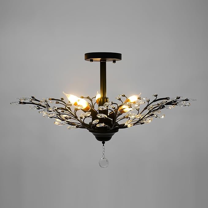 Vintage Crystal Chandeliers,110V Branches Pendant Light,Semi Flush Mount Crystal Pendant Light for lofts,Living Rooms,Entrances