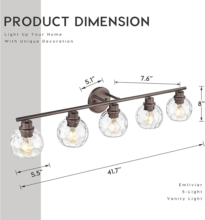 Emliviar Large Vanity Wall Lighting Over Mirror, 5-Light Rustic Bath Wall Mounted Lamp with Water Ripple Globe Glass, Oil Rubbed Bronze Finsh, YE295BG-5W ORB-WG