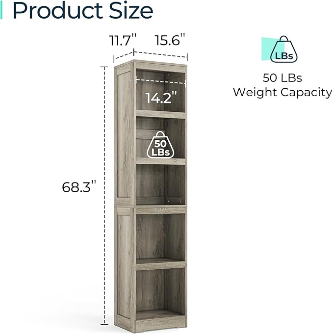 LINSY HOME 5-Shelf Bookcase, Narrow Bookshelves Floor Standing Display Storage Shelves 68 in Tall Bookcase Home Decor Furniture for Home Office, Living Room, Bed Room - Light Brown