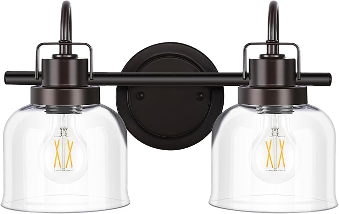 Bathroom Light fixtures, 2 Light Bronze Bathroom Vanity Light, Modern Vanity Light Fixtures with Metal Base and Clear Glass Shade, Wall Sconces Lighting for Bath room, Mirror, Living Room, Hallway