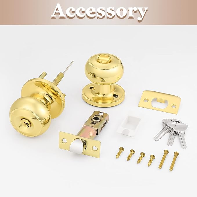 Probrico Entrance Door Knobs Door Lock Keyed Alike Lockset Polished Brass Same Key Round Ball Entry Door Knobs Pack of 6