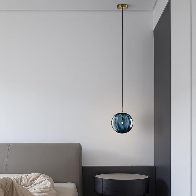 1-Light Vintage Glass Pendant Lights Kitchen Island Modern Large Blue Globe Pendant Light Fixture Brushed Gold Pendant Light Mid Century Hanging Ceiling Light Industrial Pendant Lighting