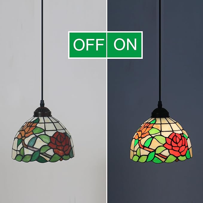 Tiffany Hanging Light 8 Inch Small Pendant Lights Stained Glass Lampshade Vintage Chandelier Light Fixture for Dining Room, Bedroom or Porch