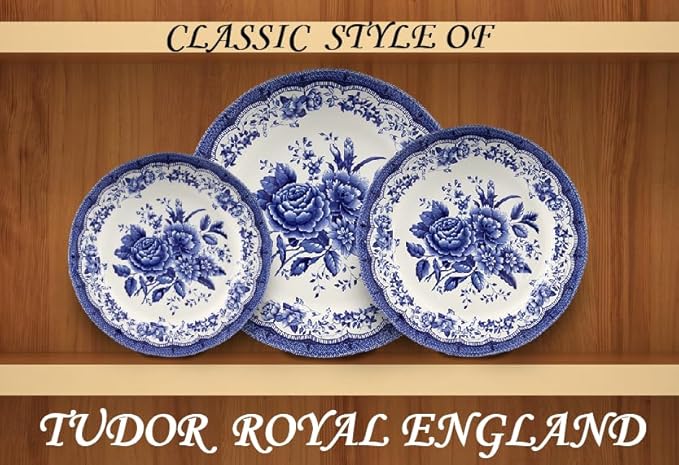 Tudor Royal 16-Piece Porcelain Round Dinnerware Set, Service for 4, Victoria Blue Design, Blue Floral, Plates Bowls Dishes, Glossy, Premium Quality Tableware, Unique Pattern