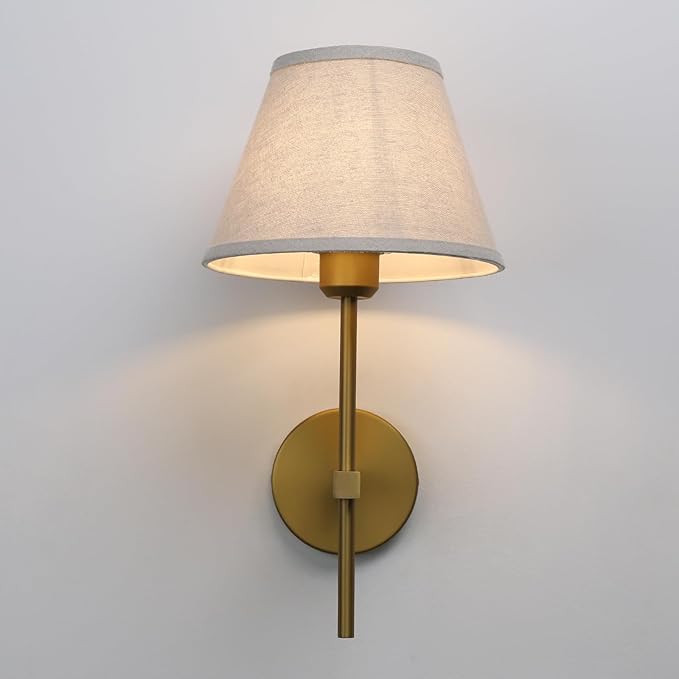 Pathson Vintage Linen Wall Sconce Big Flared Fabric Lampshade, Hardwired Wall Vanity Light Fixture Upwards Install, Indoor Bedside Lamp Victorian Decor for Living Room, Stairwell, Fireplace, Foyer