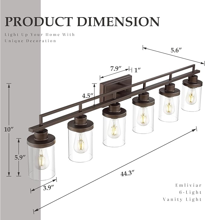 Emliviar 6-Light Bathroom Vanity Light Fixture, 44.3" Farmhouse Wall Lamp for Bedroom, Kitchen, Oil Rubbed Bronze Finish with Clear Glass, YCE238B-6W ORB