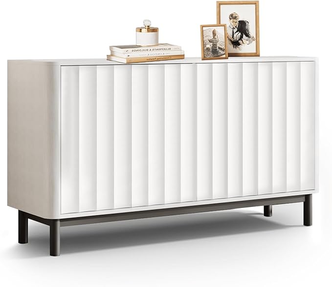 Curved Fluted Sideboard Cabinet,55'' Large Storage Buffet with 4 Doors and Adjustable Shelves,Coffee Bar entryway Console Table Storage for Dinning Room, Kitchen, Living Room (Wide White)