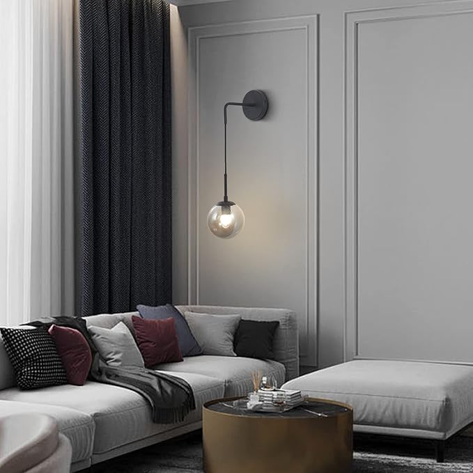 KCO Lighting Black Glass Globe Wall Sconce Set of 2 Farmhouse Industrial Wall Lamp with Adjustable Cord Mid Century Modern Wall Mount Reading Light for Bathroom Mirror Bedside Stairs (Smoke Grey)